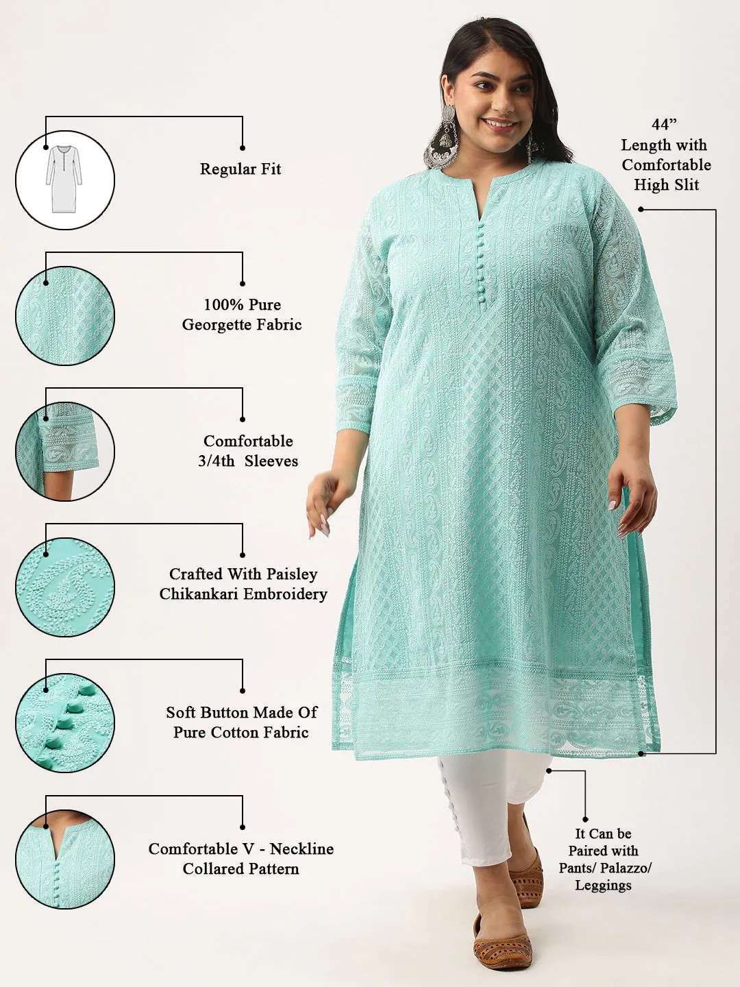 Sea Green Paisley Embroidered Georgette Lucknowi Chikankari Kurta For Women - ZOLA