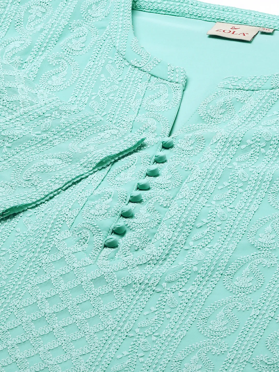 Sea Green Paisley Embroidered Georgette Lucknowi Chikankari Kurta For Women - ZOLA