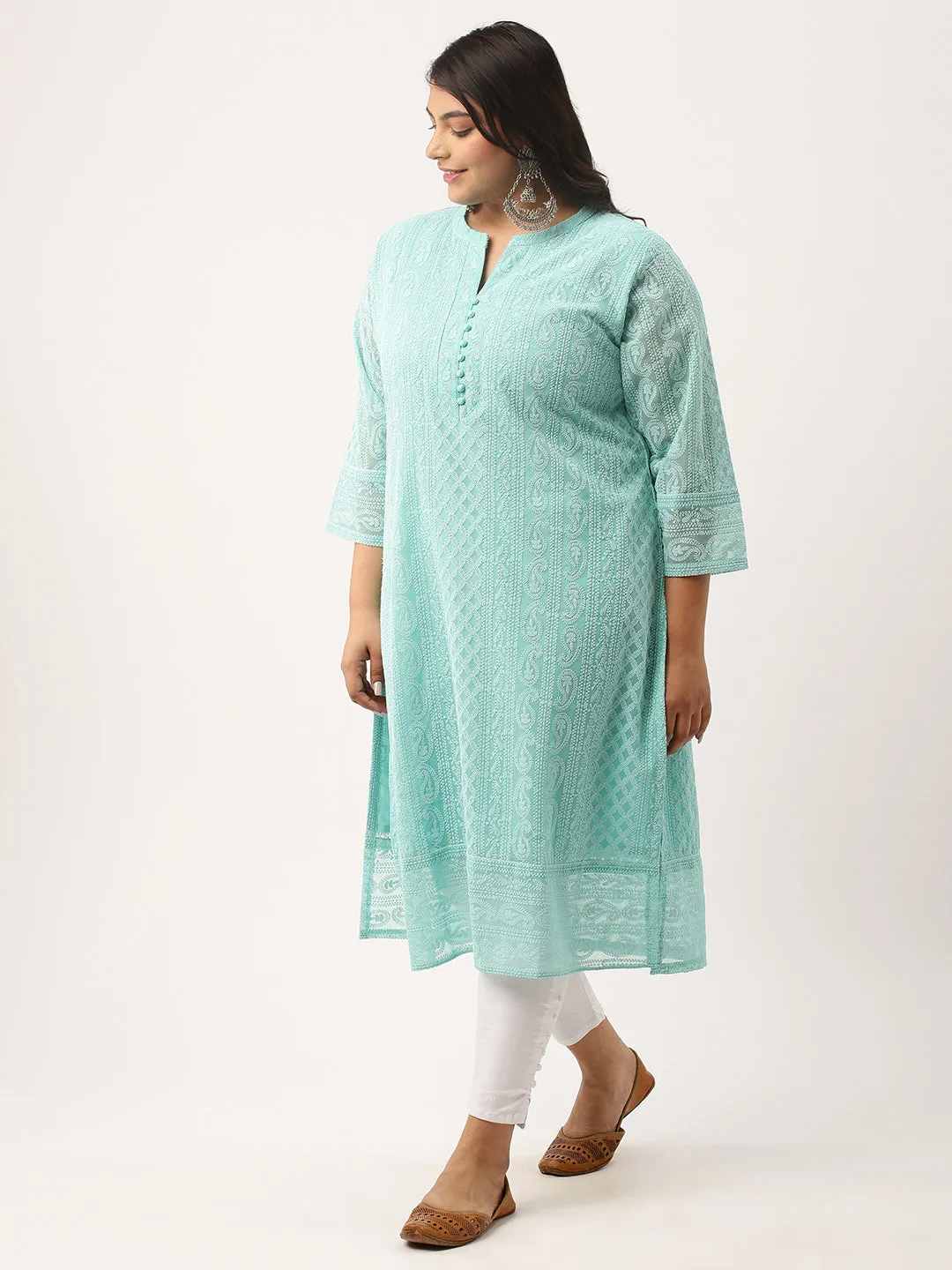 Sea Green Paisley Embroidered Georgette Lucknowi Chikankari Kurta For Women - ZOLA