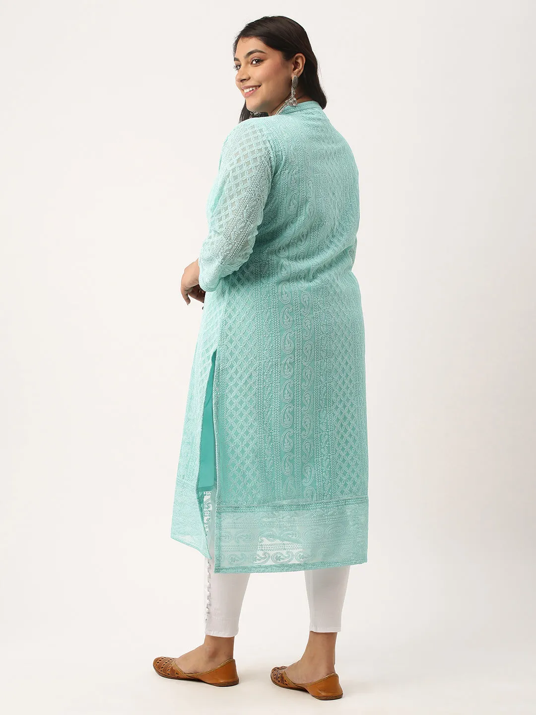 Sea Green Paisley Embroidered Georgette Lucknowi Chikankari Kurta For Women - ZOLA