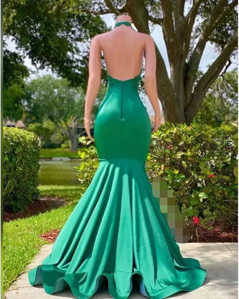 Sexy Long Green Lace Prom Dresses Open Back Mermaid Halter Dress