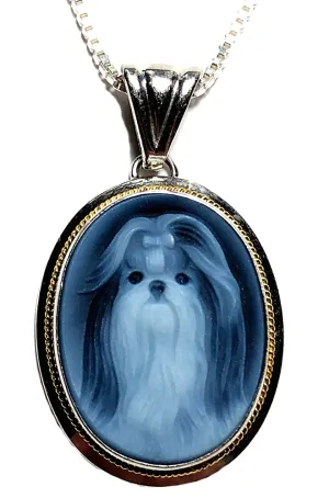 Shih Tzu Blue Agate Cameo Pendant