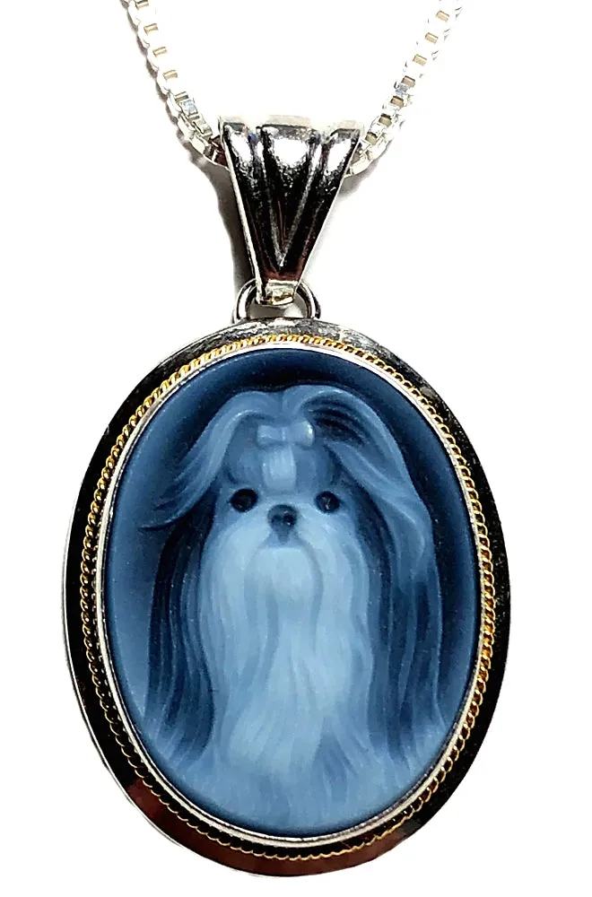 Shih Tzu Blue Agate Cameo Pendant