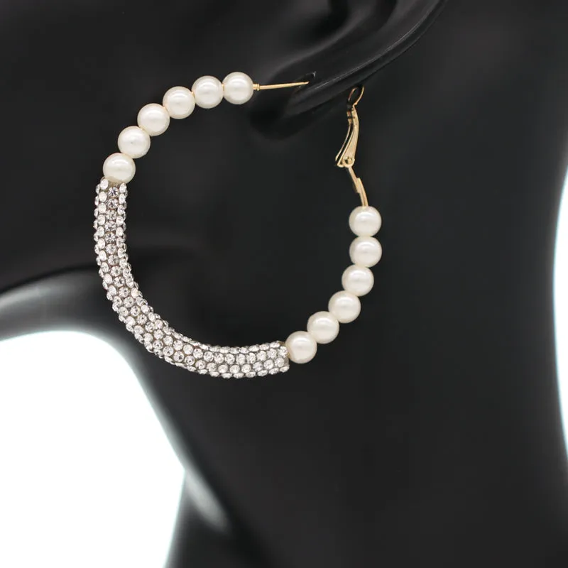 Silver Crystal Pave Faux Pearl Mini Hoop Earrings