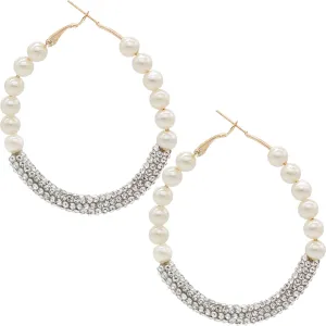 Silver Crystal Pave Faux Pearl Mini Hoop Earrings