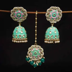 Sky Blue & Pink Jhumki & Maang Tika Set