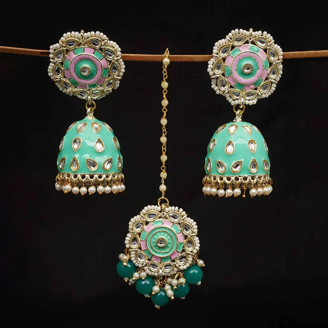 Sky Blue & Pink Jhumki & Maang Tika Set