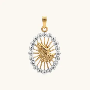 SOLID 14K GOLD PRAYING HANDS BEADED FRAME MEDAL | OVAL