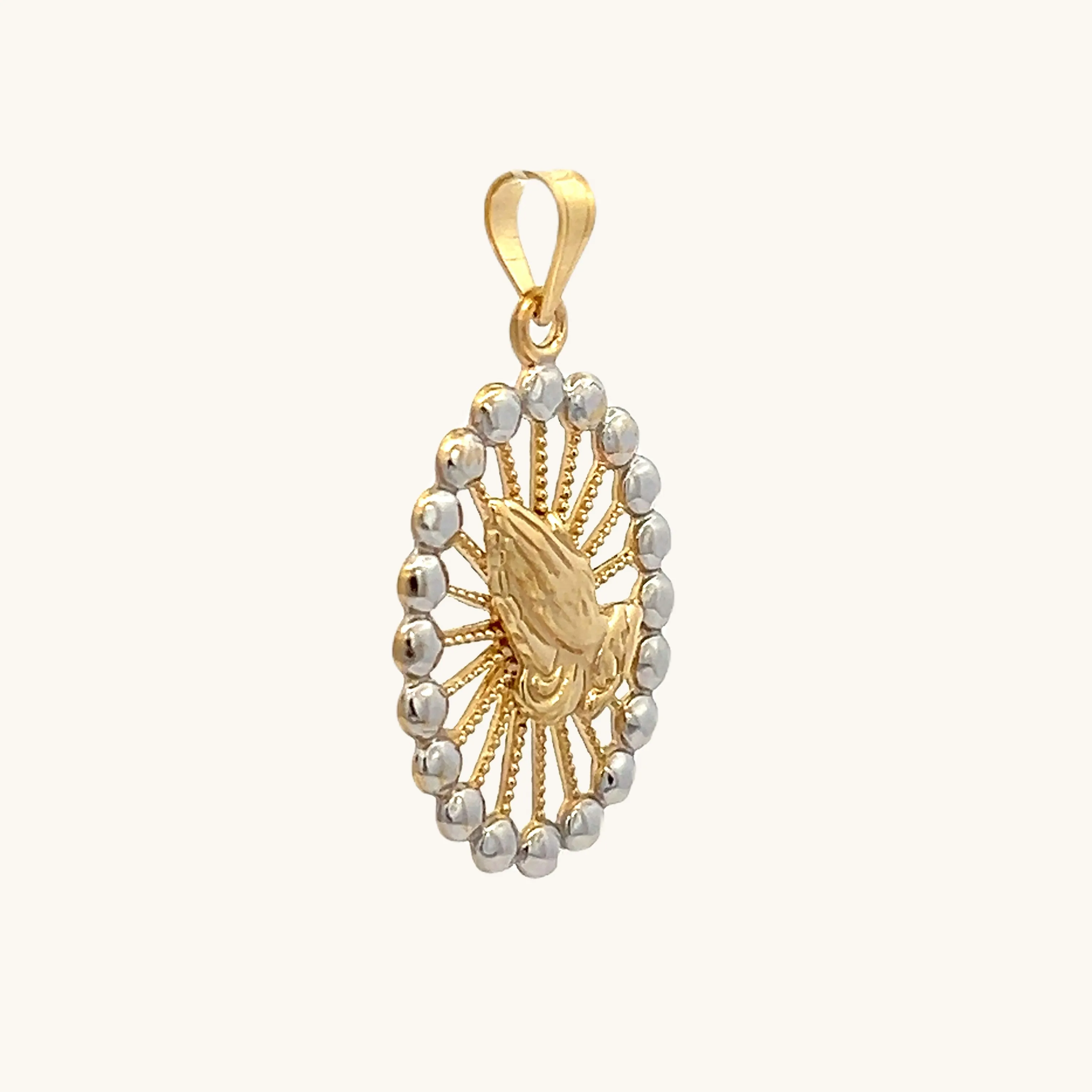 SOLID 14K GOLD PRAYING HANDS BEADED FRAME MEDAL | OVAL
