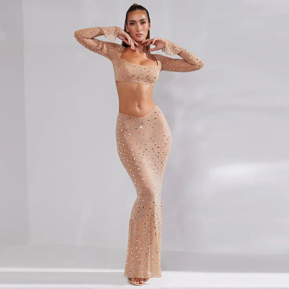 Square Collar Long Sleeve Rhinestone Maxi Bodycon Set HL9544