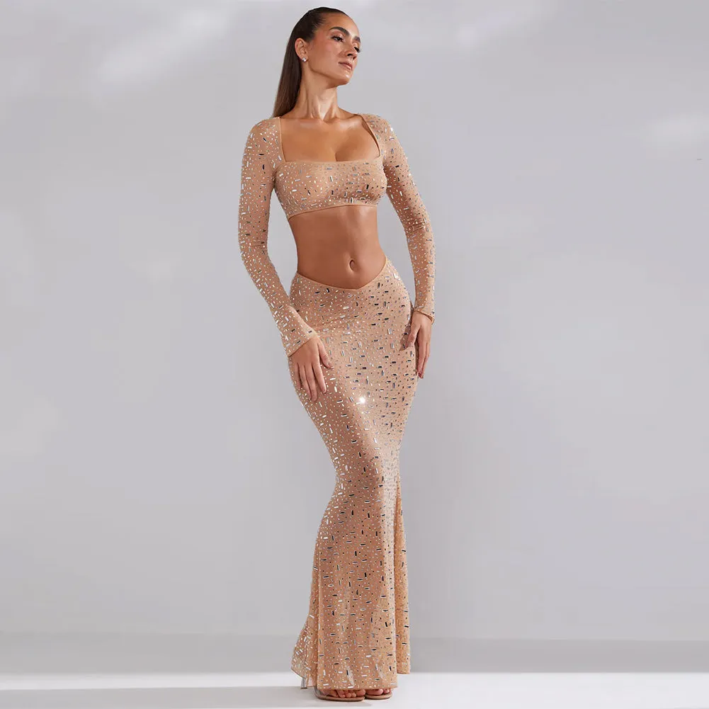 Square Collar Long Sleeve Rhinestone Maxi Bodycon Set HL9544