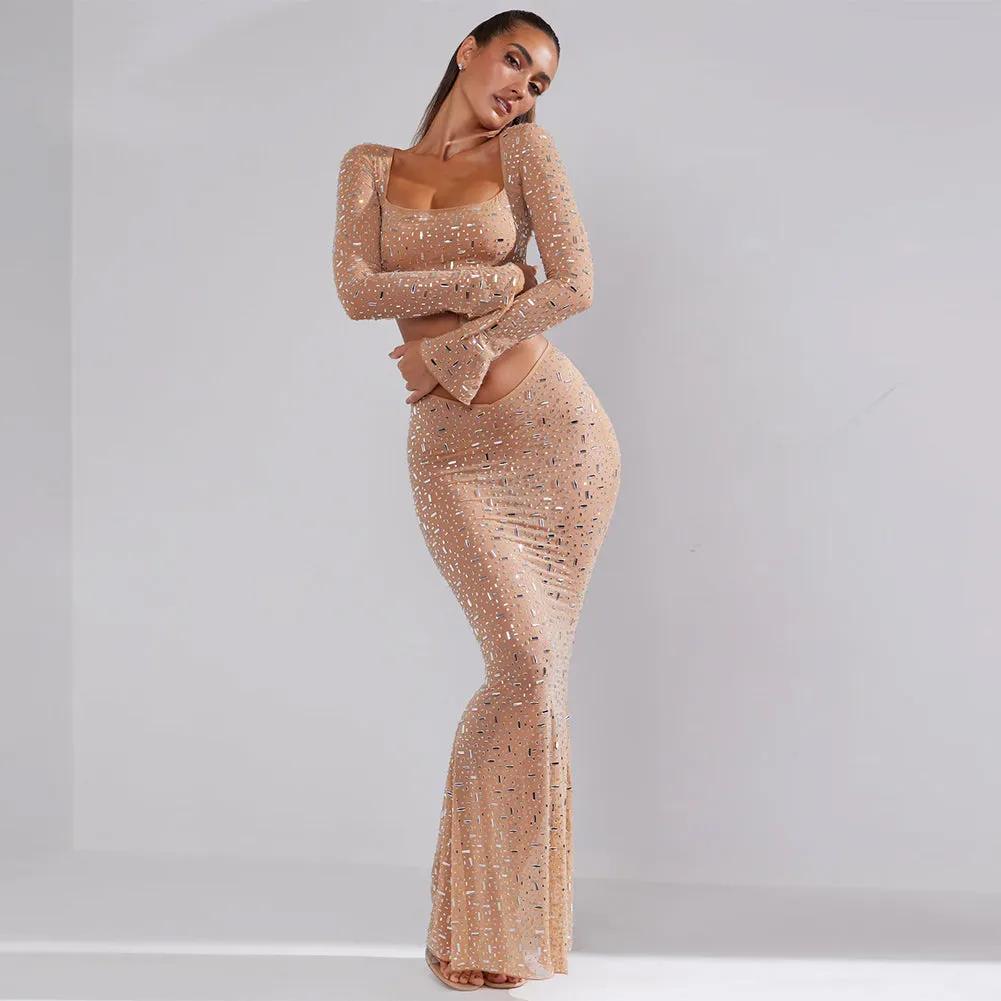 Square Collar Long Sleeve Rhinestone Maxi Bodycon Set HL9544
