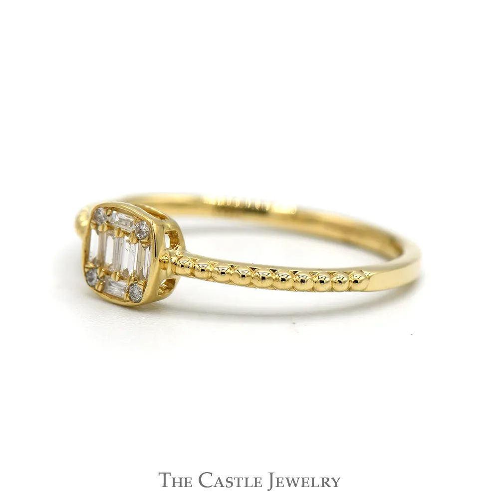 Square Shaped Baguette & Round Diamond Cluster Ring with Beaded Sides in 10k
