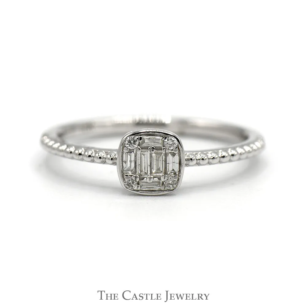 Square Shaped Baguette & Round Diamond Cluster Ring with Beaded Sides in 10k