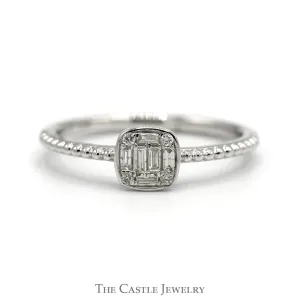 Square Shaped Baguette & Round Diamond Cluster Ring with Beaded Sides in 10k