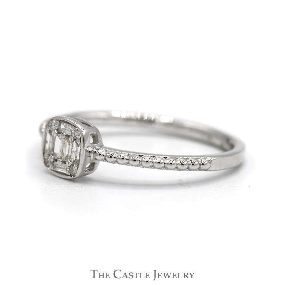 Square Shaped Baguette & Round Diamond Cluster Ring with Beaded Sides in 10k