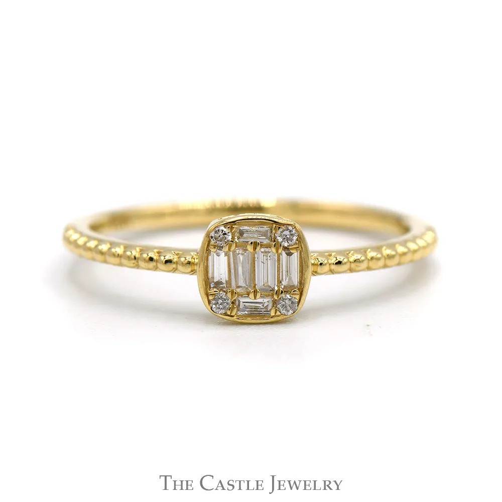 Square Shaped Baguette & Round Diamond Cluster Ring with Beaded Sides in 10k