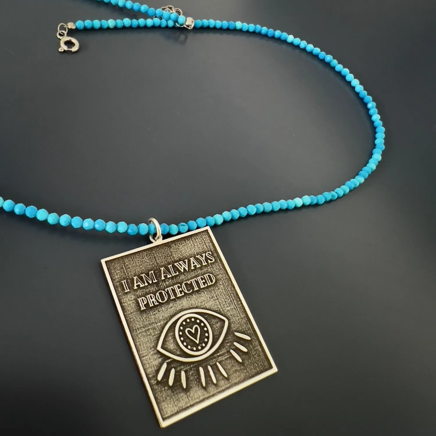 Sterling Silver I Am Always Protected Pendant Turquoise Stone Beaded Necklace