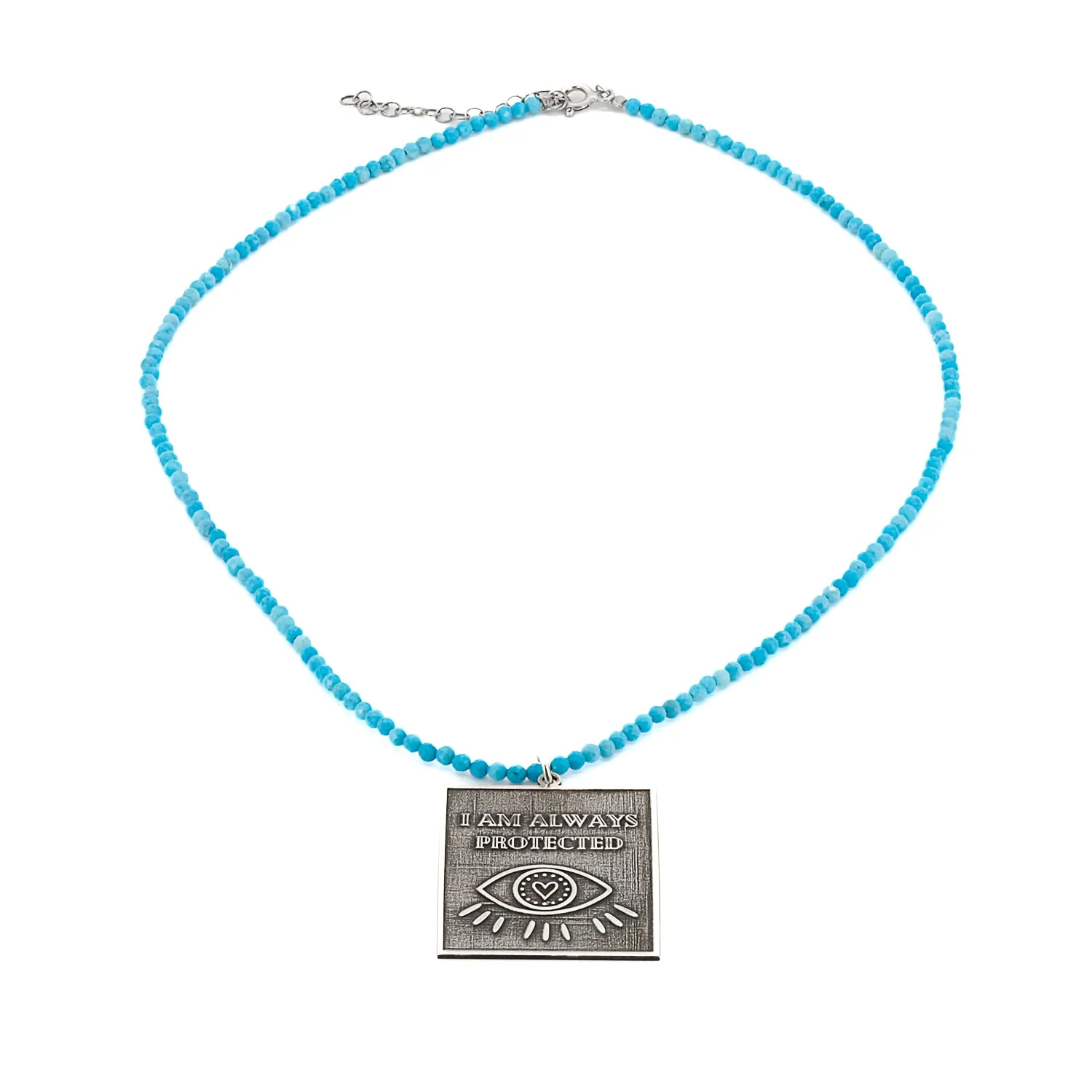 Sterling Silver I Am Always Protected Pendant Turquoise Stone Beaded Necklace