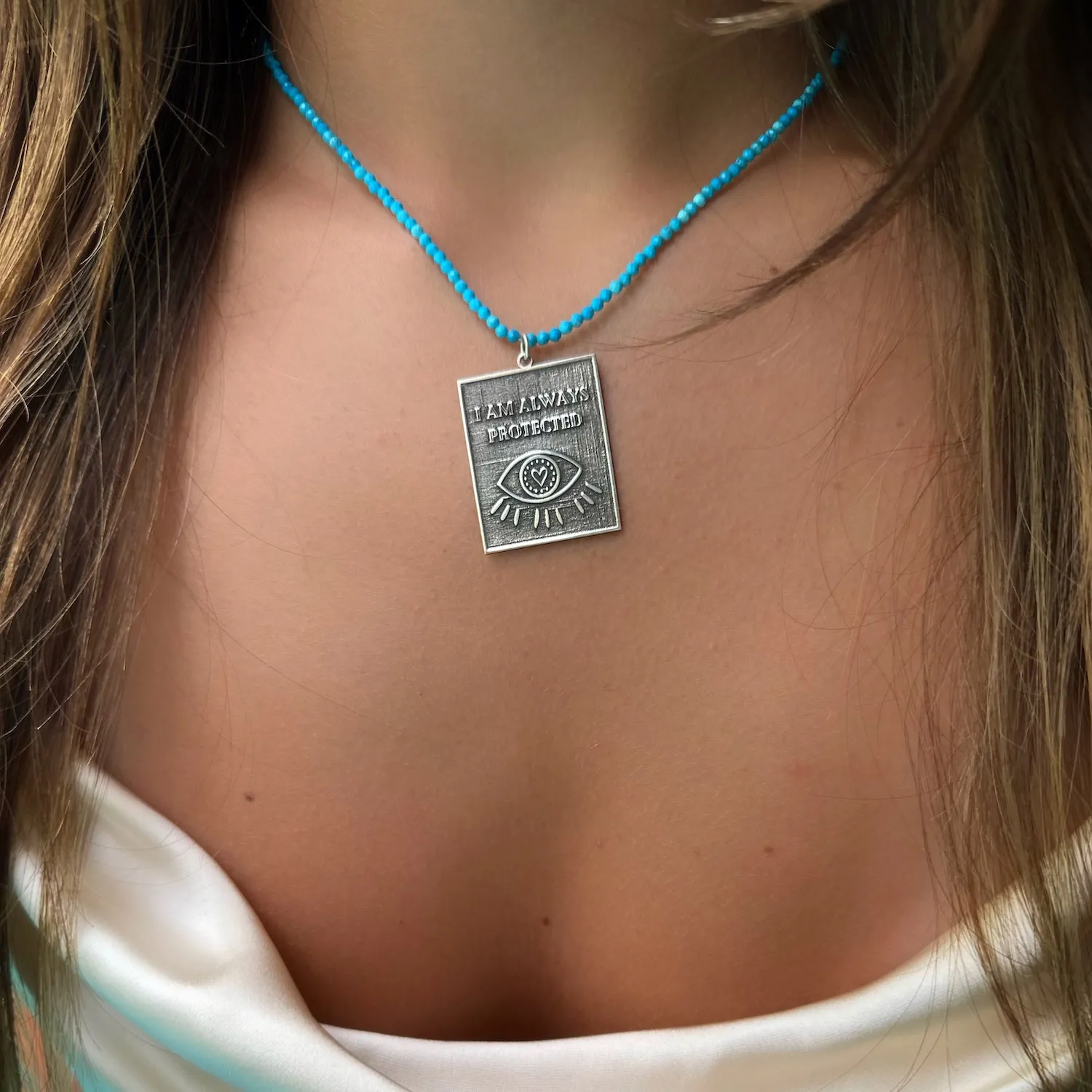 Sterling Silver I Am Always Protected Pendant Turquoise Stone Beaded Necklace