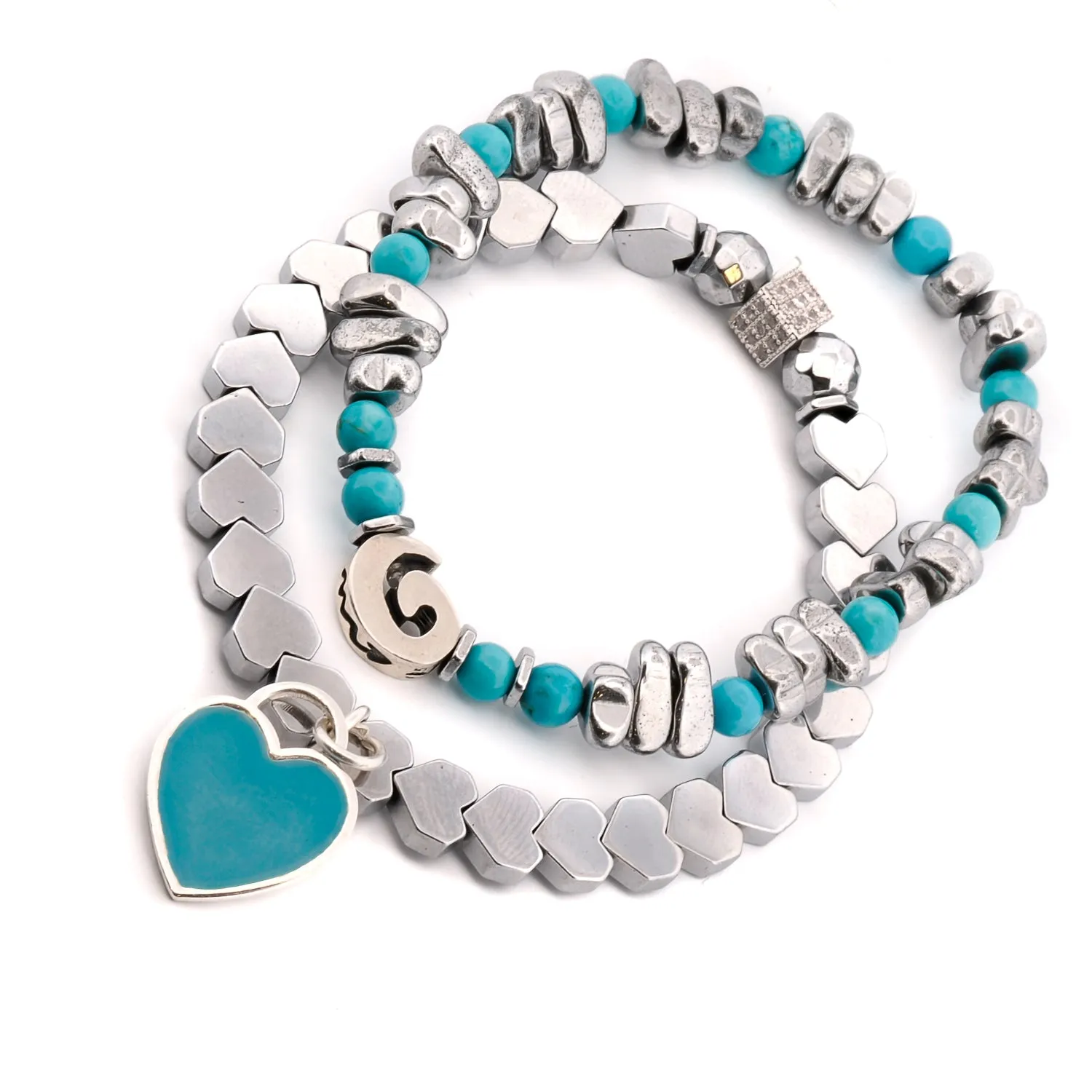 Sterling Silver Love Charms Turquoise & Hematite Stone Beaded Bracelet Set