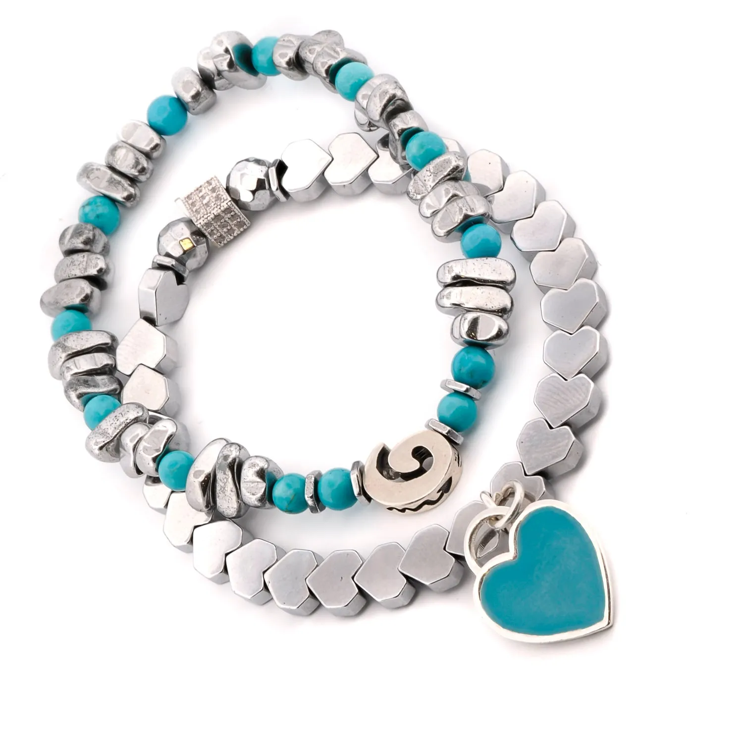 Sterling Silver Love Charms Turquoise & Hematite Stone Beaded Bracelet Set