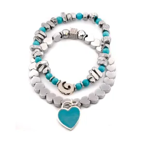 Sterling Silver Love Charms Turquoise & Hematite Stone Beaded Bracelet Set