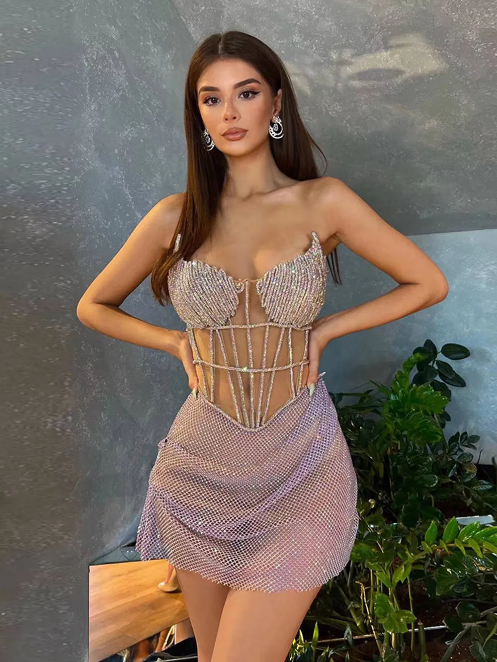 Strapless Sleeveless Rhinestone Mini Bodycon Dress HT3039