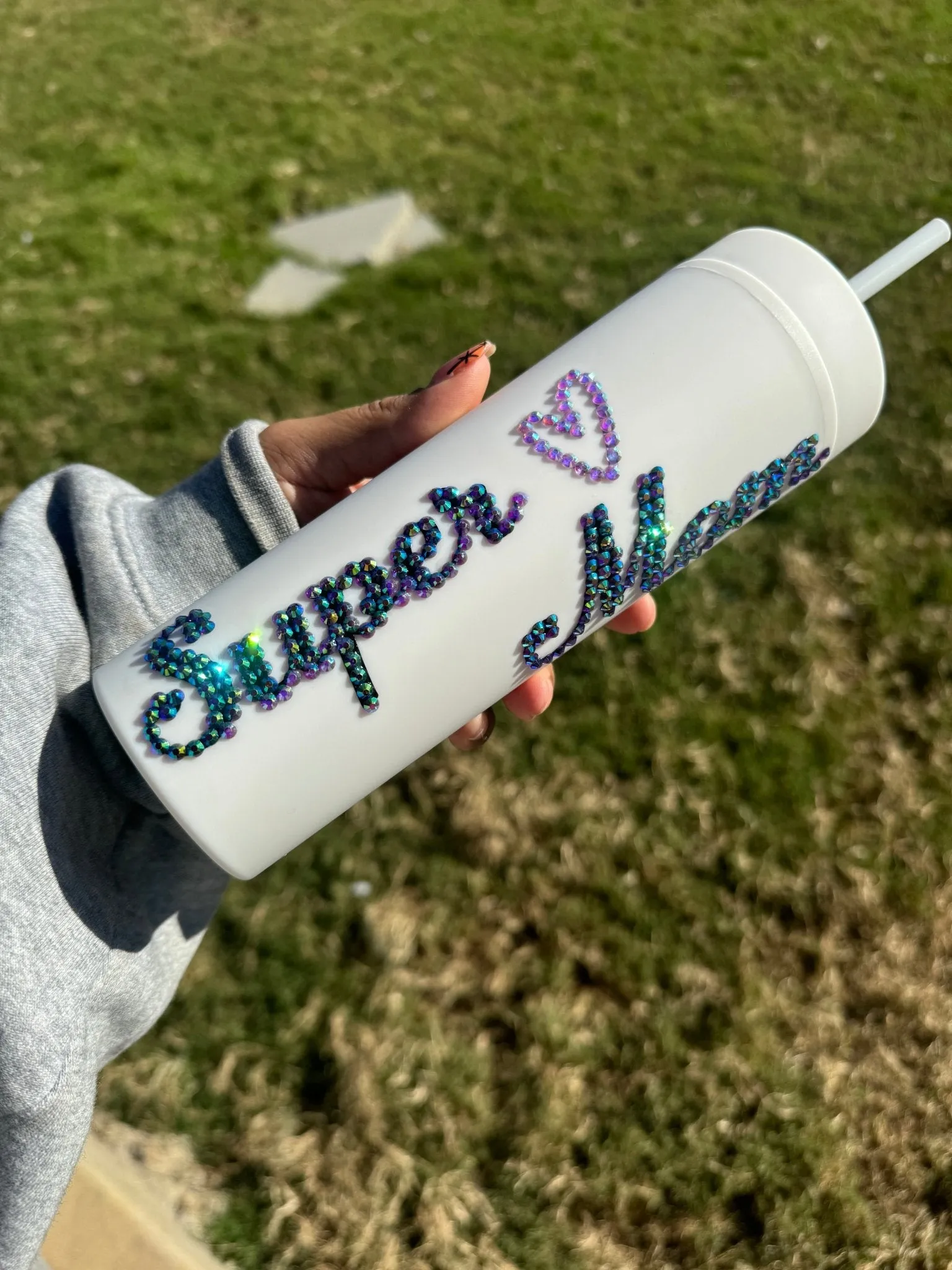 Super Mom Custom Rhinestone Skinny Tumbler Cup