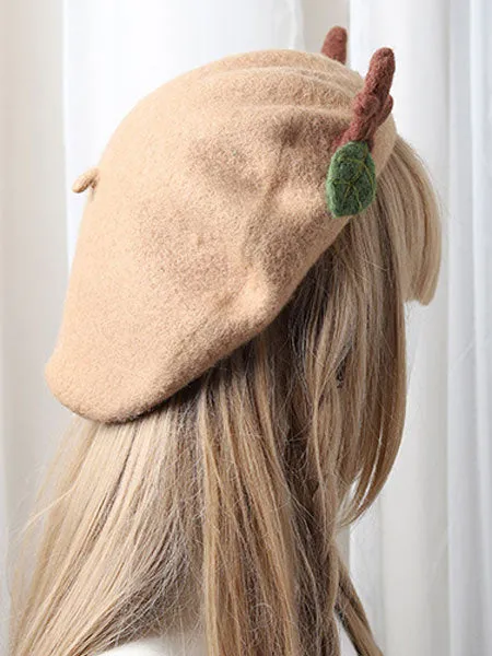 Sweet Lolita Beret Reindeer Leaf Tan Wool Lolita Hat