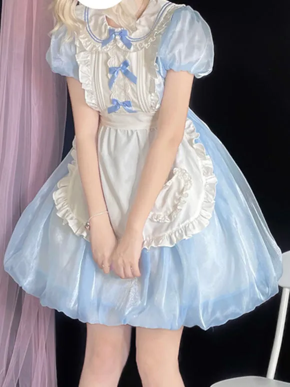 Sweet Lolita Dress Blue White Alice-Inspired Ribbon Lace Apron Detail Maid Lolita Dress