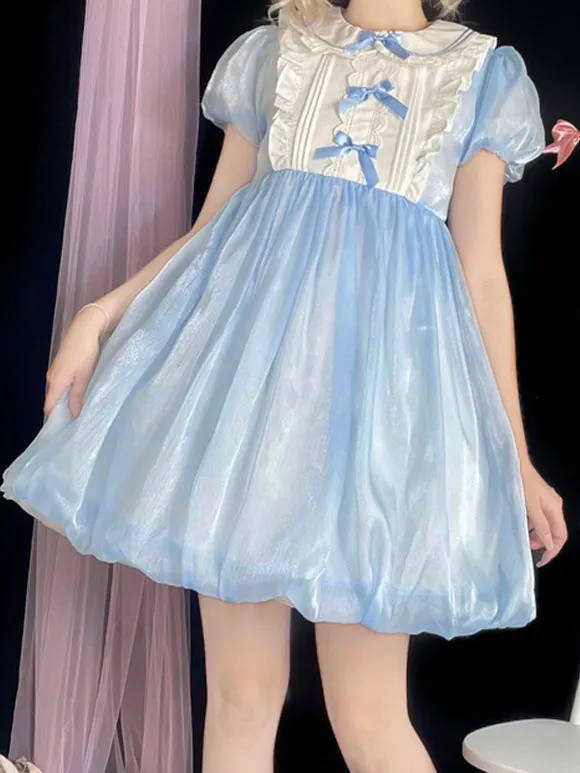 Sweet Lolita Dress Blue White Alice-Inspired Ribbon Lace Apron Detail Maid Lolita Dress