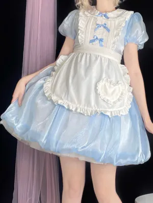 Sweet Lolita Dress Blue White Alice-Inspired Ribbon Lace Apron Detail Maid Lolita Dress