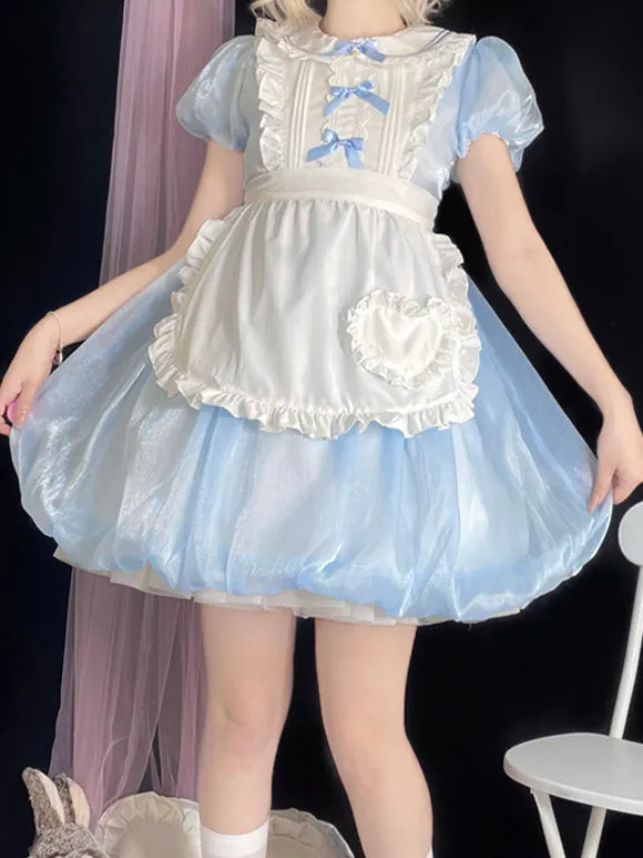Sweet Lolita Dress Blue White Alice-Inspired Ribbon Lace Apron Detail Maid Lolita Dress