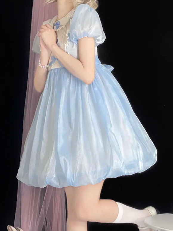 Sweet Lolita Dress Blue White Alice-Inspired Ribbon Lace Apron Detail Maid Lolita Dress