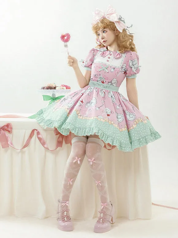 Sweet Lolita Dress Pink Mint Green Playful Cartoon Print Ruffled Hem