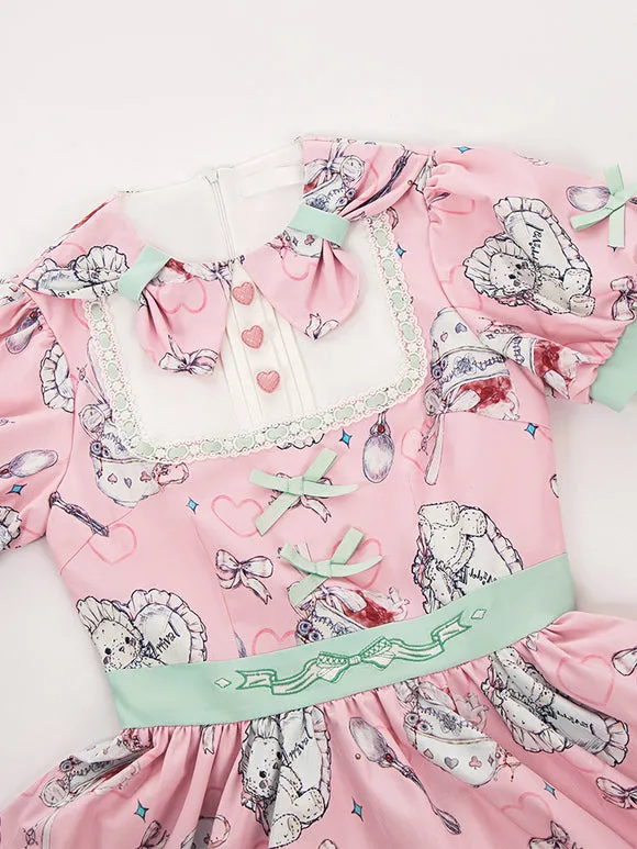 Sweet Lolita Dress Pink Mint Green Playful Cartoon Print Ruffled Hem