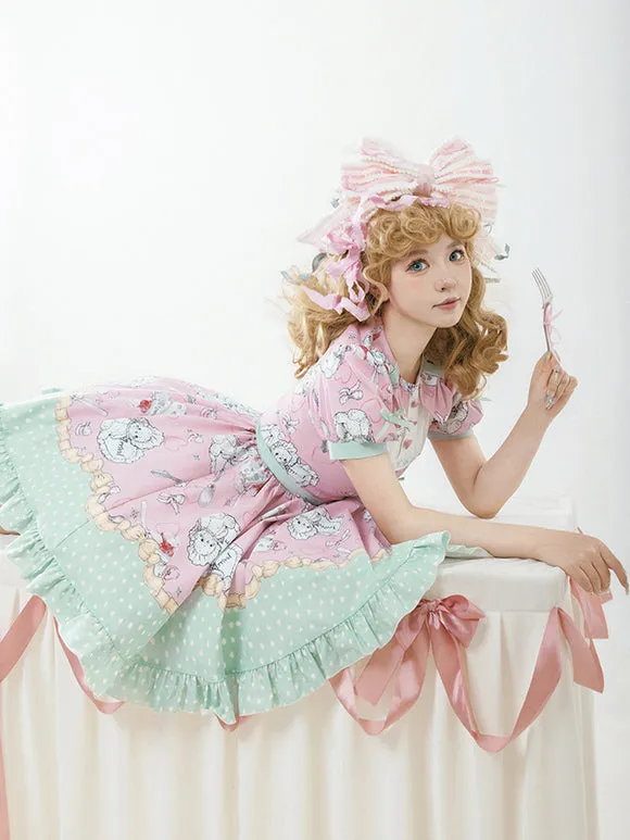 Sweet Lolita Dress Pink Mint Green Playful Cartoon Print Ruffled Hem