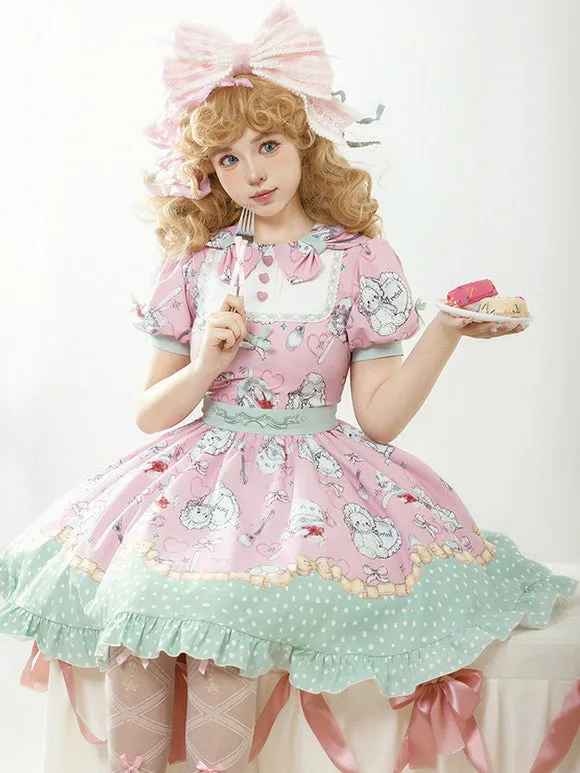 Sweet Lolita Dress Pink Mint Green Playful Cartoon Print Ruffled Hem