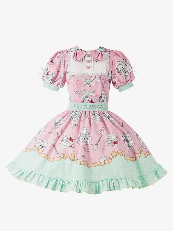 Sweet Lolita Dress Pink Mint Green Playful Cartoon Print Ruffled Hem