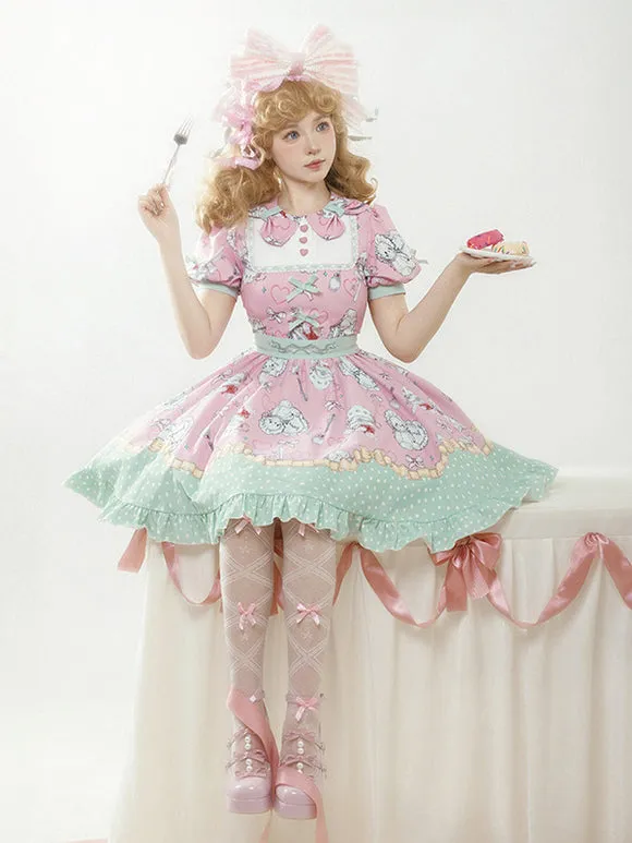 Sweet Lolita Dress Pink Mint Green Playful Cartoon Print Ruffled Hem
