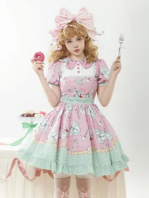 Sweet Lolita Dress Pink Mint Green Playful Cartoon Print Ruffled Hem