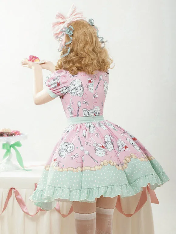 Sweet Lolita Dress Pink Mint Green Playful Cartoon Print Ruffled Hem