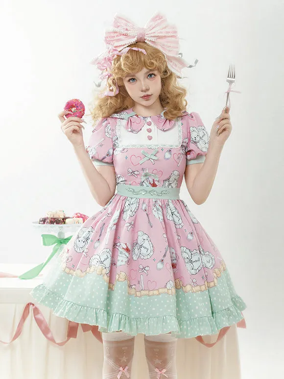 Sweet Lolita Dress Pink Mint Green Playful Cartoon Print Ruffled Hem