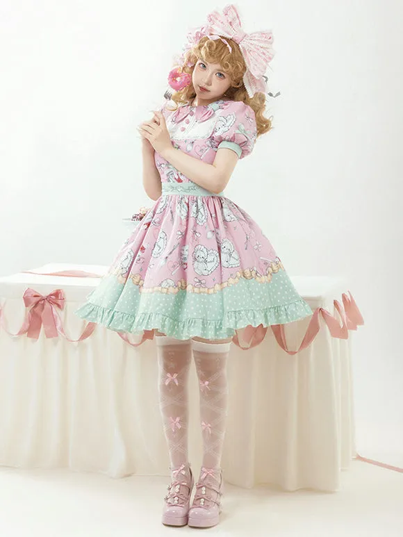 Sweet Lolita Dress Pink Mint Green Playful Cartoon Print Ruffled Hem