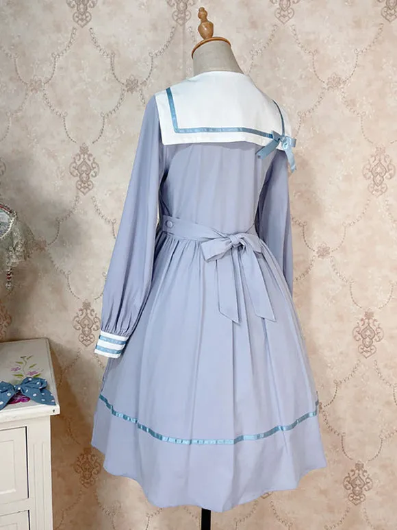 Sweet Lolita Dress Polyester Long Sleeves Bows Navy Style Dress Lolita Dress