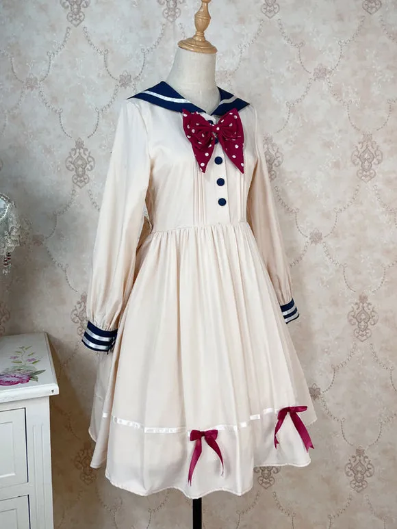 Sweet Lolita Dress Polyester Long Sleeves Bows Navy Style Dress Lolita Dress