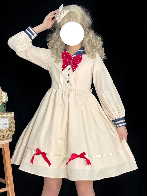 Sweet Lolita Dress Polyester Long Sleeves Bows Navy Style Dress Lolita Dress