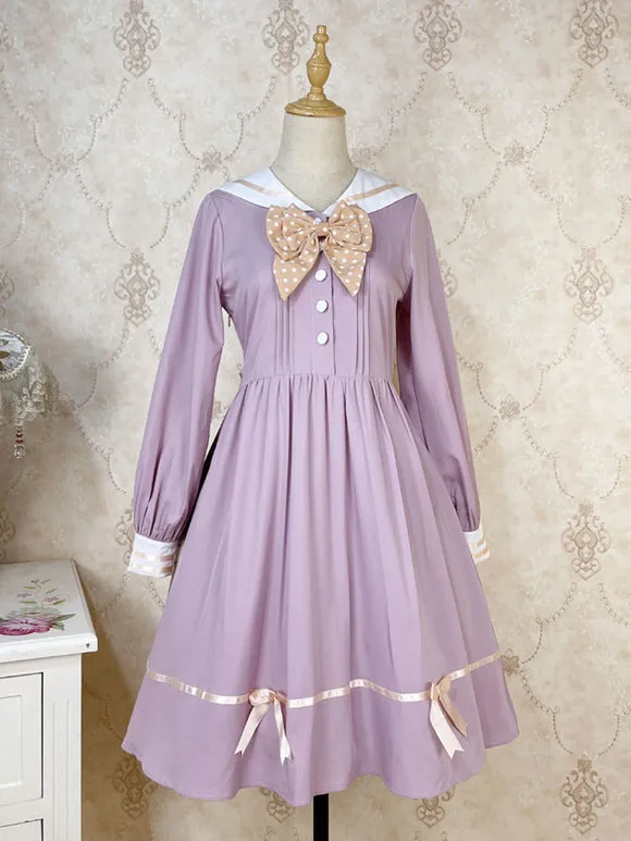Sweet Lolita Dress Polyester Long Sleeves Bows Navy Style Dress Lolita Dress