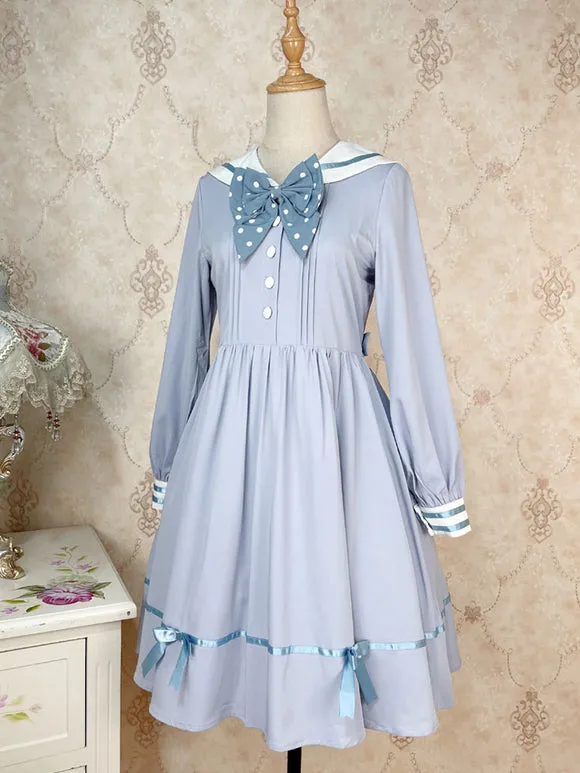 Sweet Lolita Dress Polyester Long Sleeves Bows Navy Style Dress Lolita Dress